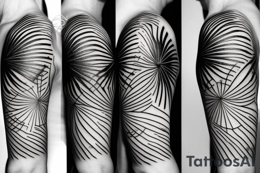 Two symmetrical that form a horizon with ocean and islands with palm trees on them. sunshine in the middle of the two islands the word "paradice" below tattoo idea