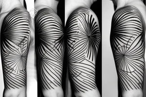 Two symmetrical that form a horizon with ocean and islands with palm trees on them. sunshine in the middle of the two islands the word "paradice" below tattoo idea