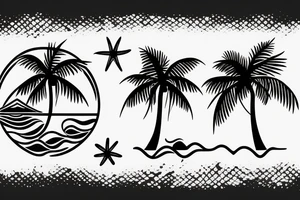 Two symmetrical that form a horizon with ocean and islands with palm trees on them. sunshine in the middle of the two islands the word "paradice" below tattoo idea