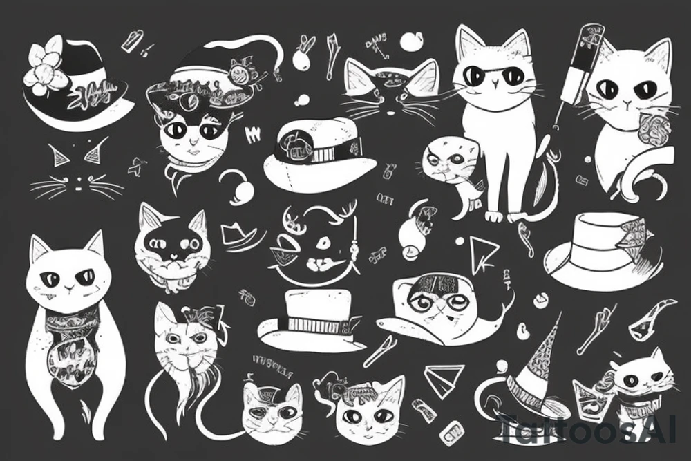 Black cat with a funny hat and a sweater tattoo idea
