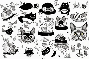 Black cat with a funny hat and a sweater tattoo idea