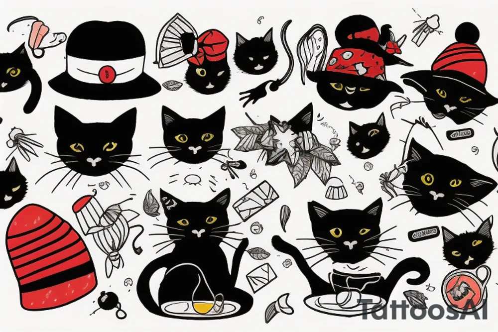 Black cat with a funny hat and a sweater tattoo idea