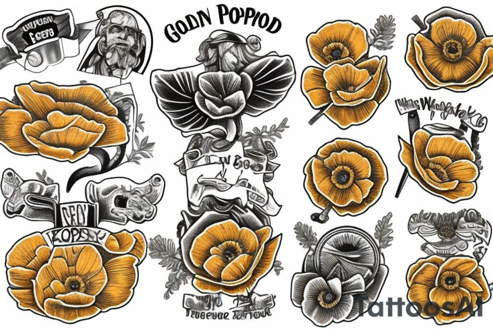 Golden poppy redwood tree tattoo idea