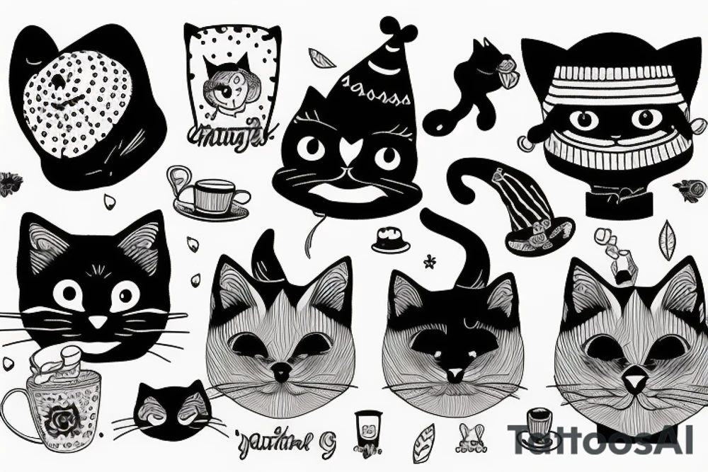 black cat with a funny hat and sweater tattoo idea