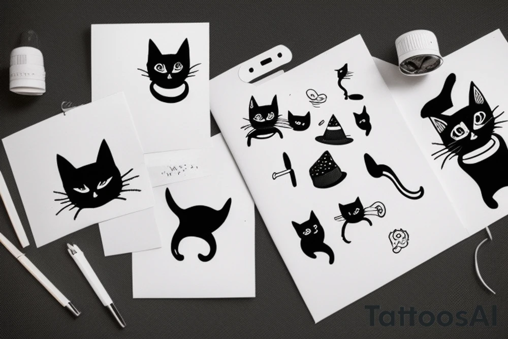 black cat with a funny hat and sweater tattoo idea