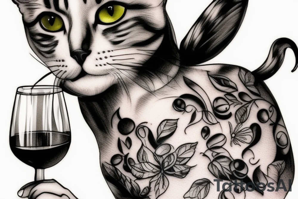 cat with glass of wine tattoo idea