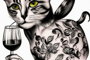 cat with glass of wine tattoo idea