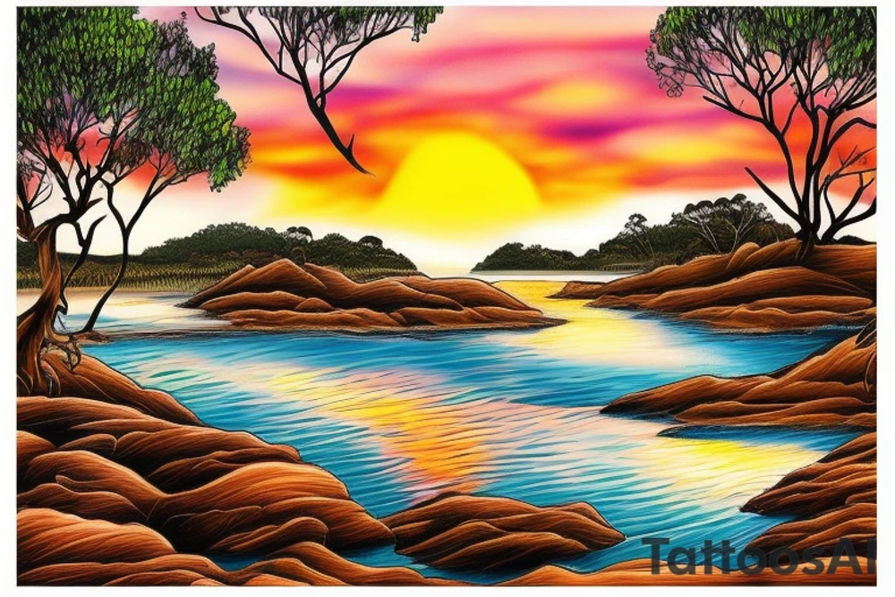 Australian River landscape during a sunset tattoo idea