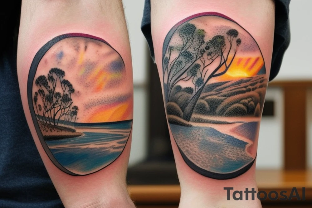 Australian River landscape during a sunset sleve tattoo idea