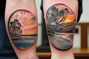 Australian River landscape during a sunset sleve tattoo idea