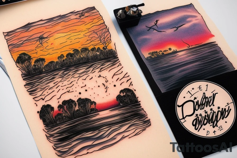 Australian River landscape during a sunset sleve tattoo idea