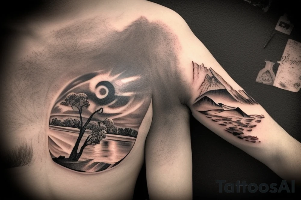 Australian River landscape during a sunset sleve tattoo idea