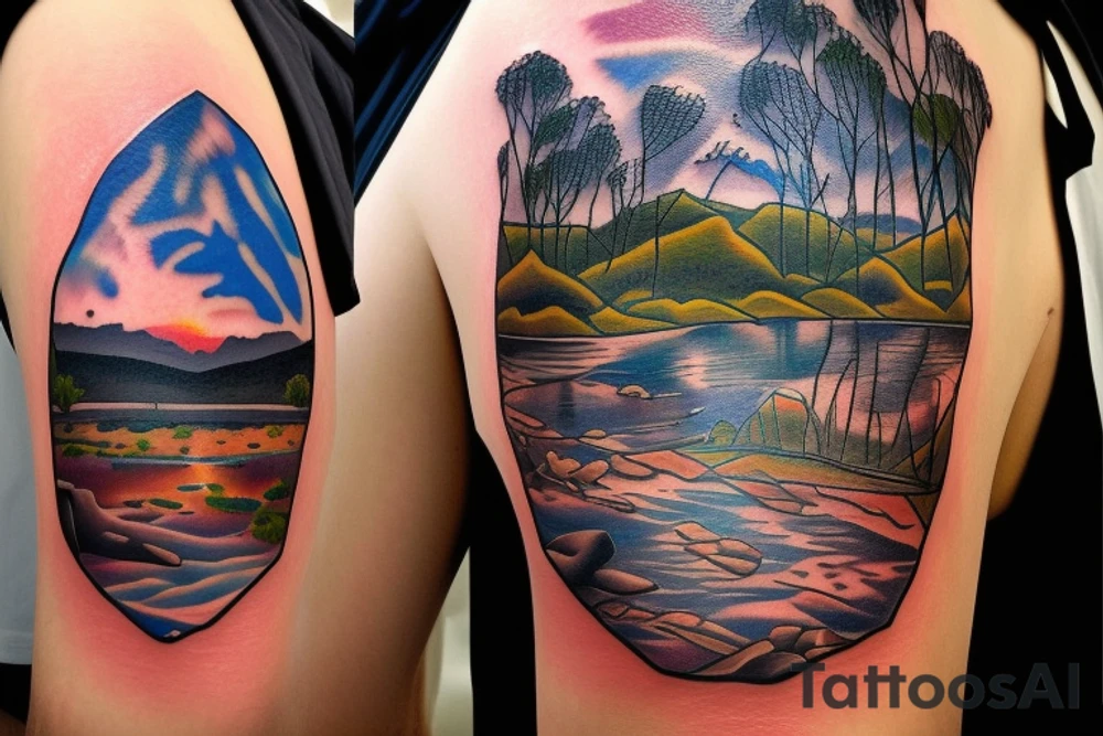 Australian River landscape during a sunset full sleve tattoo idea