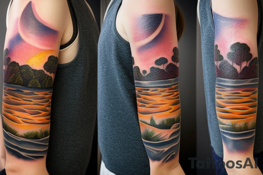 Australian River landscape during a sunset full sleve tattoo idea