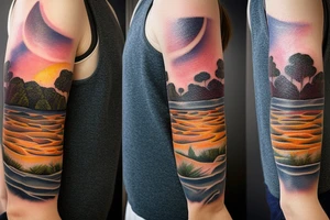 Australian River landscape during a sunset full sleve tattoo idea
