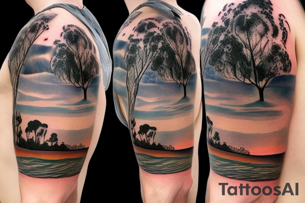 Australian River landscape during a sunset full sleve tattoo idea