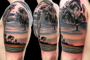 Australian River landscape during a sunset full sleve tattoo idea