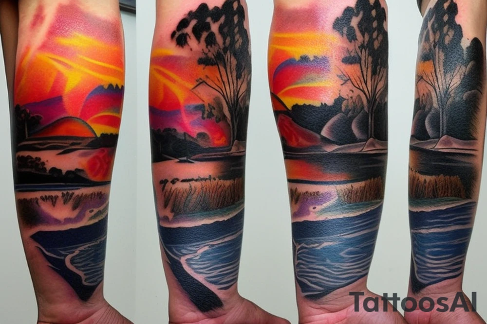 Australian River landscape during a sunset full sleve tattoo idea