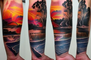 Australian River landscape during a sunset full sleve tattoo idea