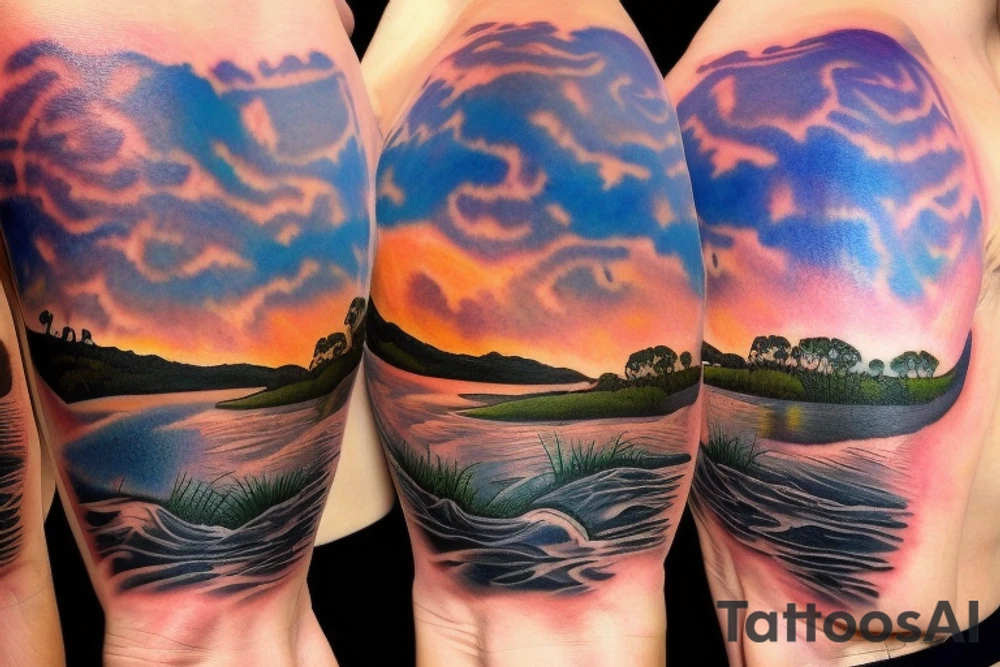 Australian River landscape during a sunset full sleve tattoo idea