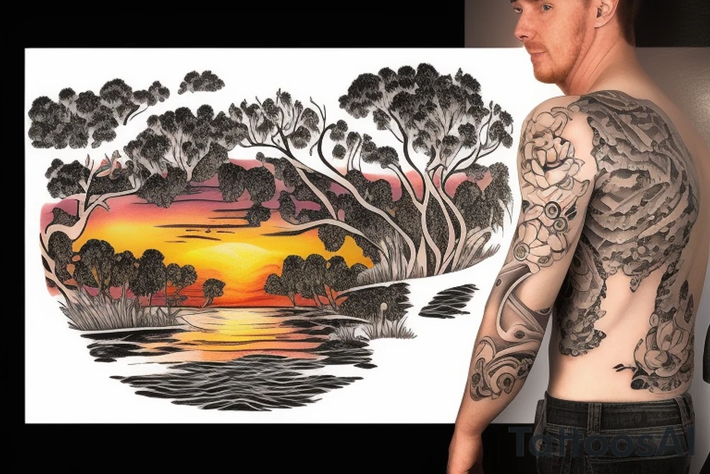 Australian River landscape during a sunset full sleve tattoo idea