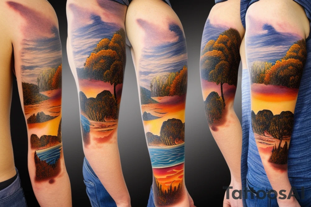 Australian River landscape during a sunset full sleve tattoo idea