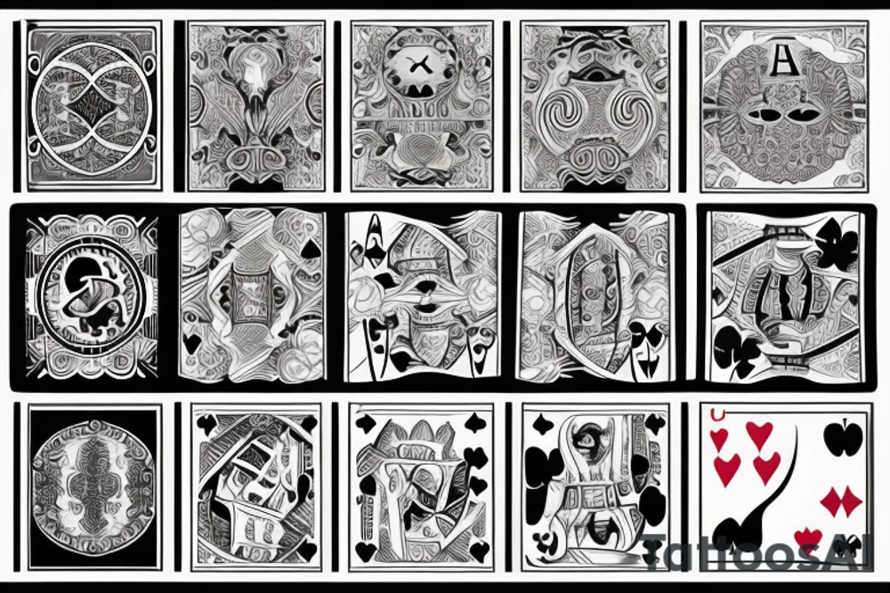 For back arm tattoo, design a combination of poker cards, snowboard, soccer ball, cinema, and convertible car. tattoo idea