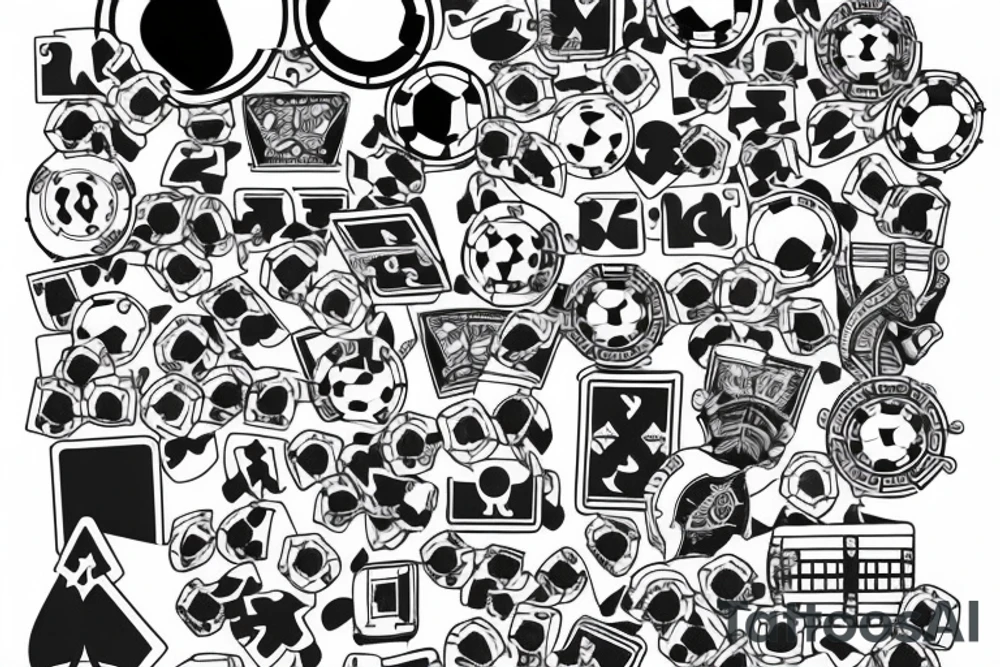 For back arm tattoo, design a combination of poker cards, snowboard, soccer ball, cinema, and convertible car. tattoo idea
