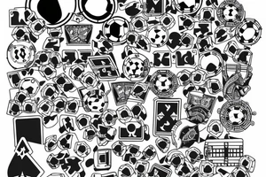 For back arm tattoo, design a combination of poker cards, snowboard, soccer ball, cinema, and convertible car. tattoo idea