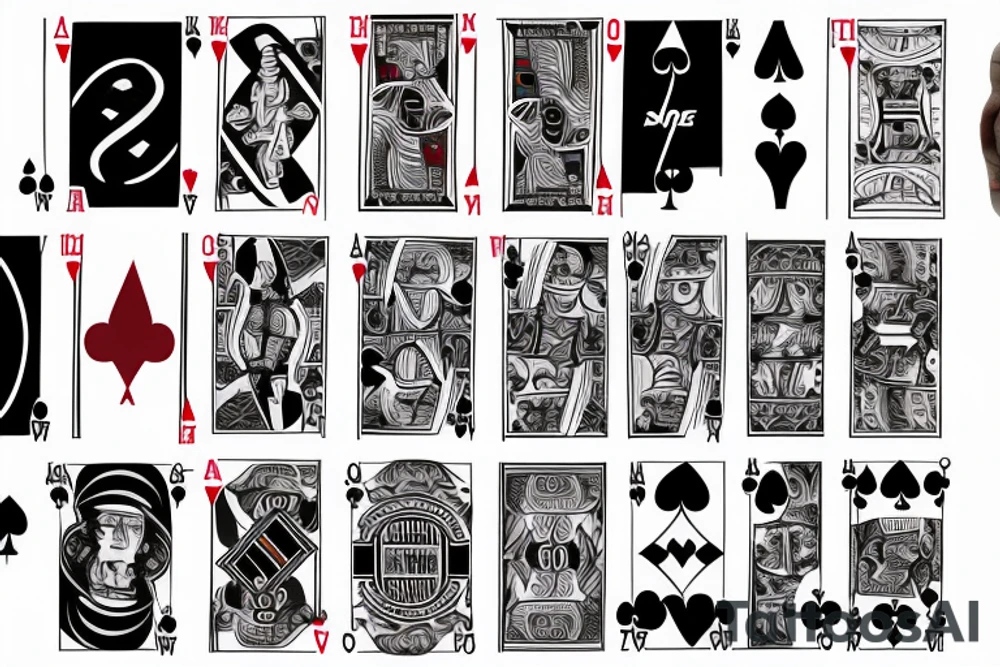 Poker cards with snowboard, convertible car, soccer ball and movie theater tattoo idea
