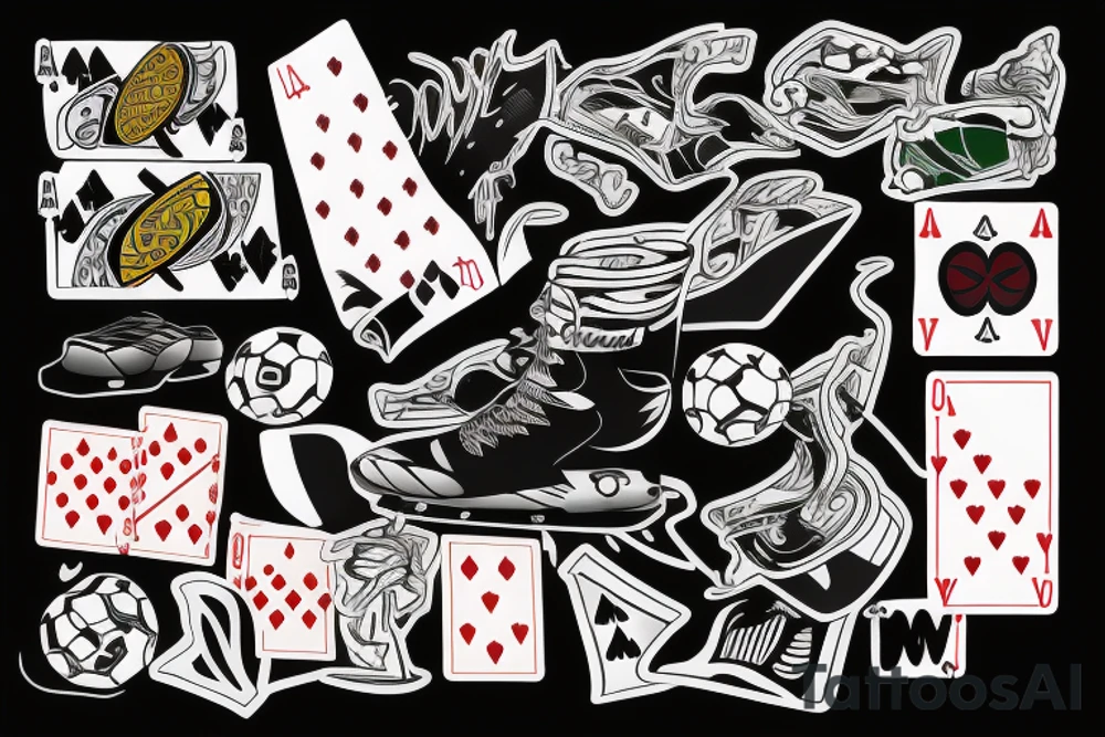A boards includinf:
 snowboard, poker cards, convertible car, soccer ball and movie  theater tattoo idea