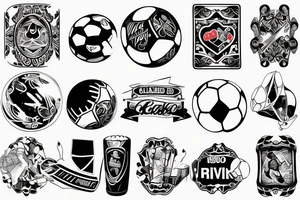 For back arm tattoo:
 snowboard, poker cards, convertible car, soccer ball and movie  theater tattoo idea