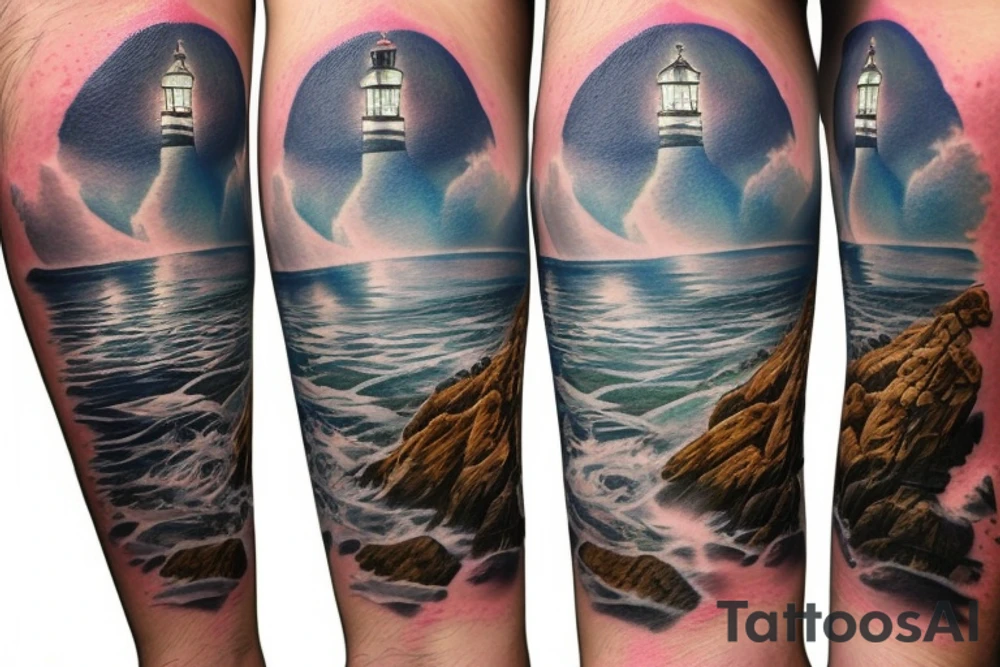light house near cliffs and rocks with the sea. tattoo idea