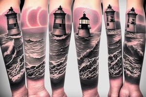light house near cliffs and rocks with the sea. tattoo idea