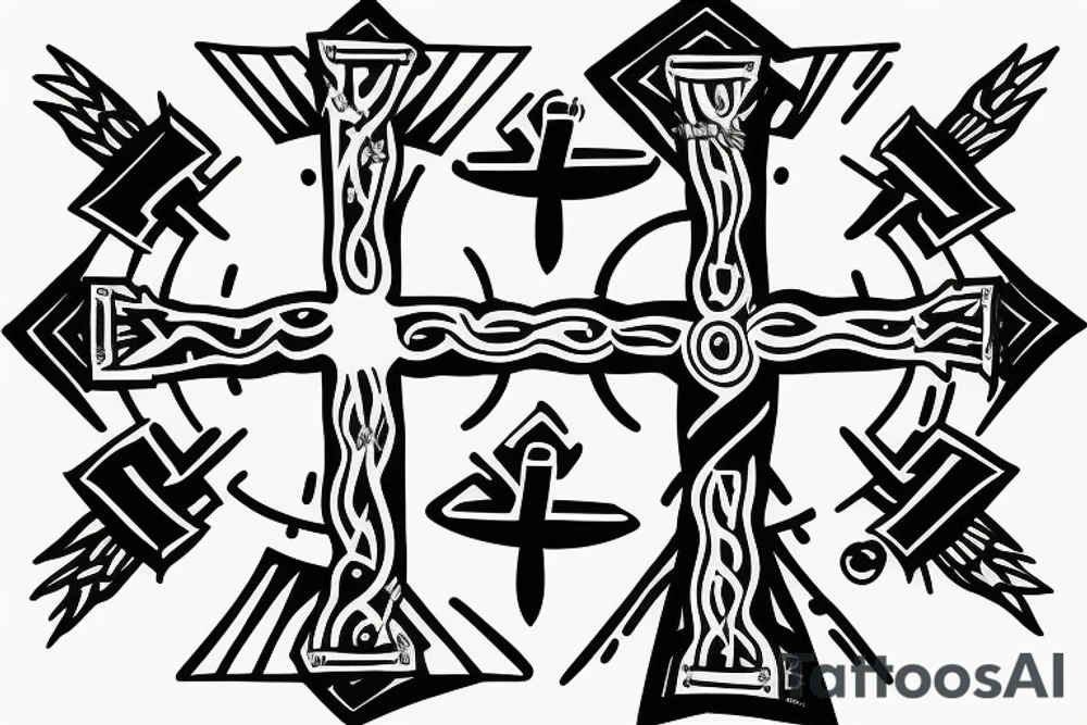 Moon with a cross in middle and man walking up stairs tattoo idea