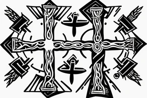 Moon with a cross in middle and man walking up stairs tattoo idea
