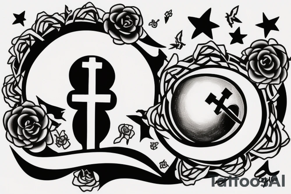 Moon with a cross in middle and man walking up stairs tattoo idea