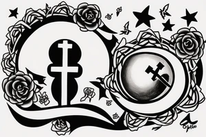 Moon with a cross in middle and man walking up stairs tattoo idea