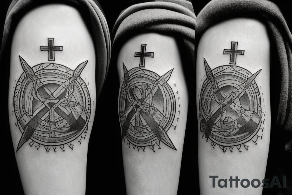 Moon with a cross in middle and man walking up stairs tattoo idea