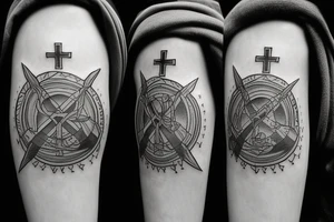 Moon with a cross in middle and man walking up stairs tattoo idea