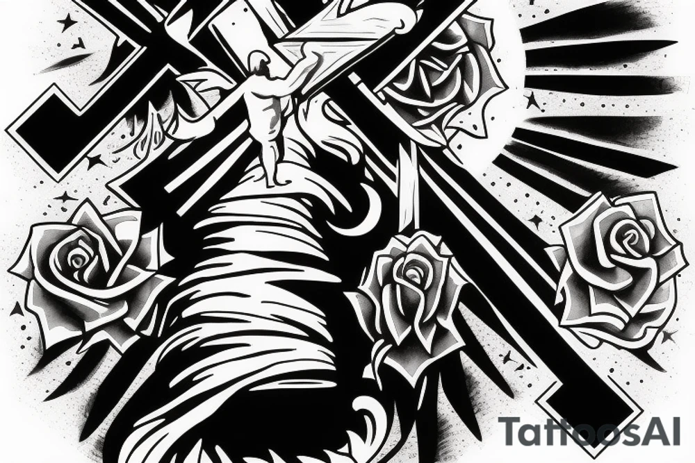 Moon with a cross in middle and man walking up stairs tattoo idea
