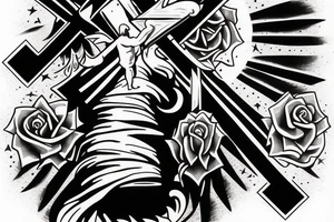 Moon with a cross in middle and man walking up stairs tattoo idea