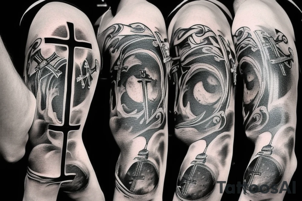Moon with a cross in middle and man walking up stairs tattoo idea