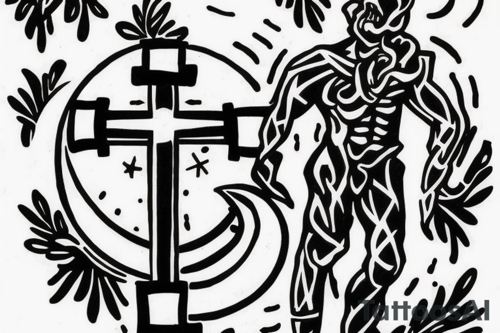 Moon with a cross in middle and man walking up stairs tattoo idea