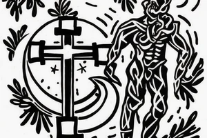 Moon with a cross in middle and man walking up stairs tattoo idea