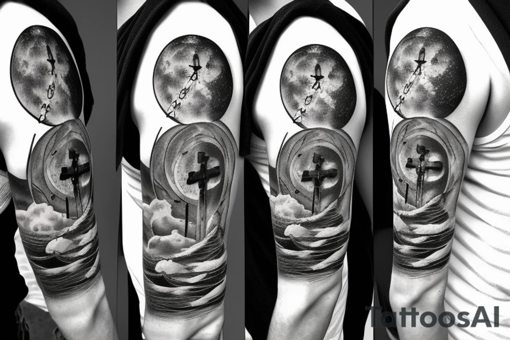 Moon with a cross in middle and man walking up stairs tattoo idea
