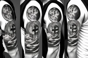 Moon with a cross in middle and man walking up stairs tattoo idea