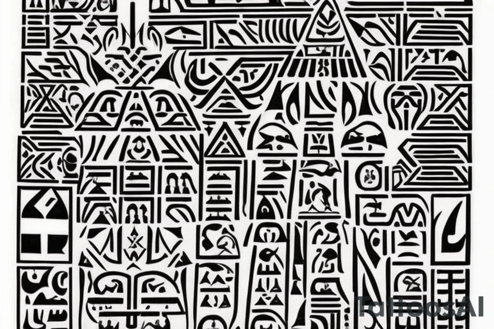 . Ziggurat with Sumerian Symbols: Enhance the tattoo design by incorporating Sumerian symbols or cuneiform script alongside the ziggurat. This could include symbols of deities, celestial bodies, or other elements that represent the culture and beliefs of ancient Sumer. tattoo idea