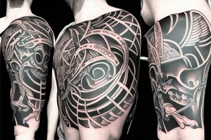 A tattoo  with one side representing evolution and oother side representing extinction tattoo idea