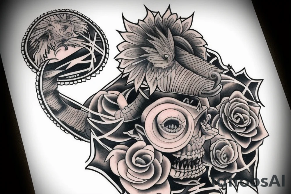 A tattoo  with one side representing evolution and oother side representing extinction tattoo idea